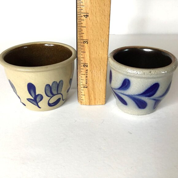 Salt Glaze Stoneware Crocks Set of 2 Hand Painted Cobalt Blue Folk Art Pottery - Picture 9 of 10